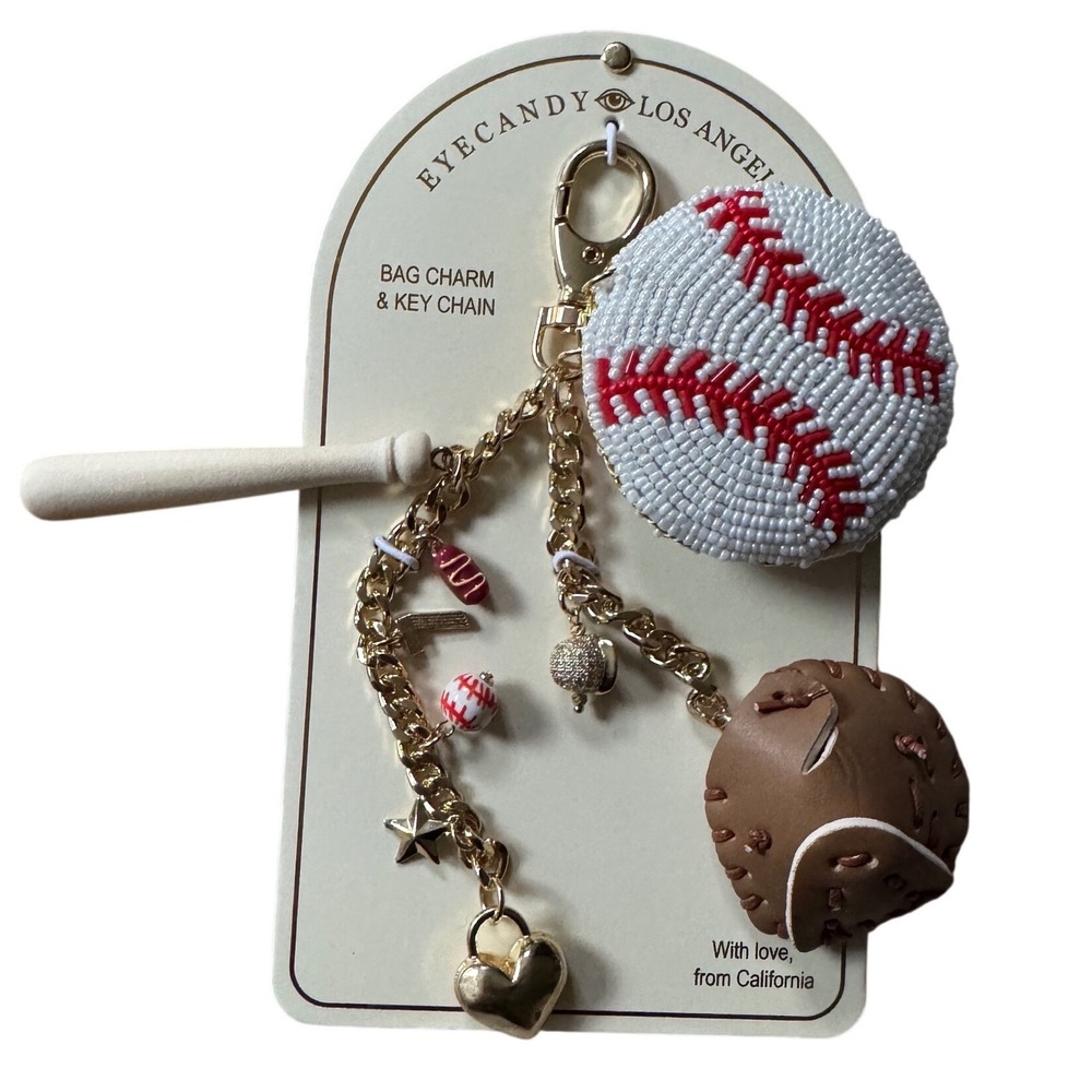 Baseball Game Charm Bag Key Chain Holder Heart Hot Dog Star Beaded Balloon NWT